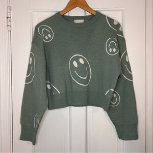 Altar’d State Green Smiley Face Cropped Sweater Size S NWOT
